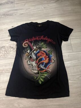 Christian Audigier Black Tee with Colorful Skull, Rose & Dagger Graphic